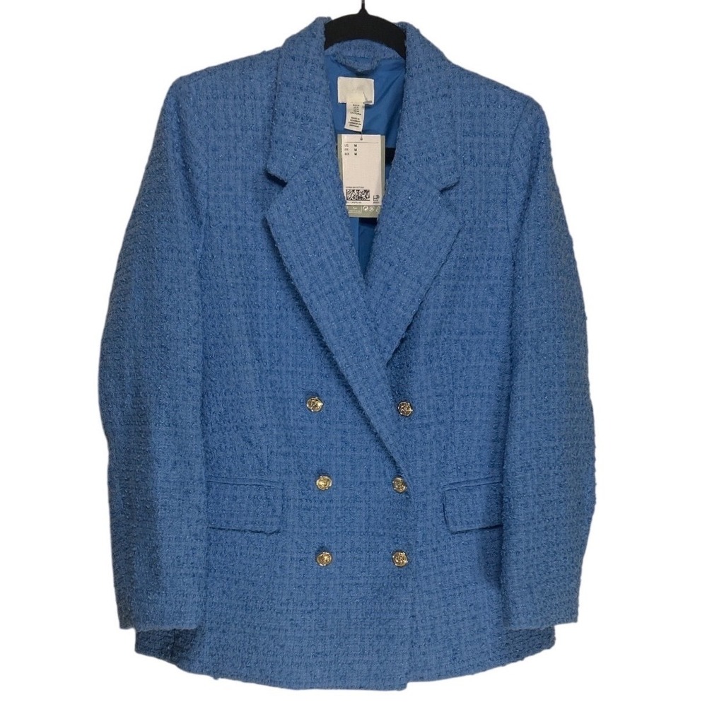HM Blue Tweed Double Breasted Blazer‎ Gold Button Boucle Jacket Size M New